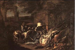 An Italinate Landscape With A Hunt Still Life With Hounds Fighting Over Game... by Adriaen de Gryef