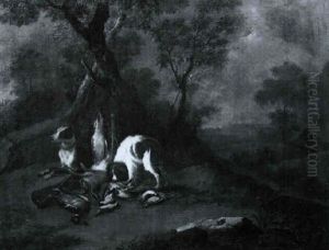 Jagdbeute, Von Zwei Hunden In Einer Waldlandschaft Bewacht Jagdbeute, Von Zwei Hunden In Einer Waldlandschaft Bewacht