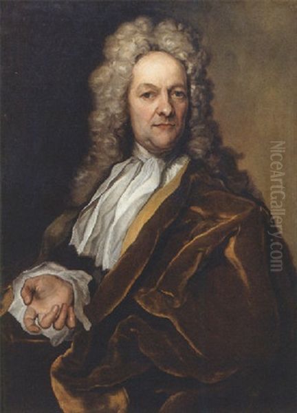 Portrait Of A Nobleman, Wearing A Yellow Lined Brown Velvet Cloak With Lace Chemise And Wig - view 1