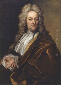 Portrait Of A Nobleman, Wearing A Yellow Lined Brown Velvet Cloak With Lace Chemise And Wig by Georg Gsell