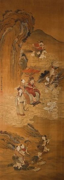 A Dignitary Seated On A Chariot Pulled By Dogs Floating Through Cloud Scrolls With Attendants - view 1