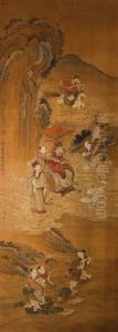 A Dignitary Seated On A Chariot Pulled By Dogs Floating Through Cloud Scrolls With Attendants A Dignitary Seated On A Chariot Pulled By Dogs Floating Through Cloud Scrolls With Attendants