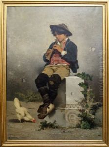 Boy Seated Full Length Playing A Flute In A Farmyard Boy Seated Full Length Playing A Flute In A Farmyard