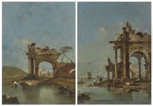 An Architectural Capriccio With Figures Fishing By Roman Ruins On A Shore; And A Ruined Arch By Water With A Temple Beyond