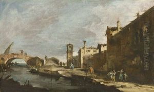 A Capriccio With Figures Walking Along A Canal by Francesco Guardi