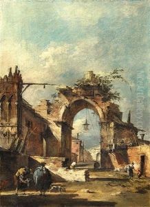 Capriccio Con Arco Rovinato E Mura Di Paese by Francesco Guardi