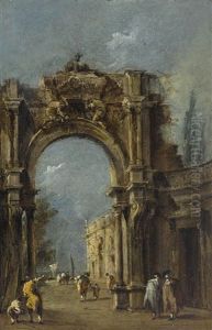A Capriccio Of An Archway, With Figures Beneath And A Lagoon Beyond