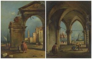 An Architectural Capriccio With Figures By Ruins; And A Portico In A Courtyard (2)