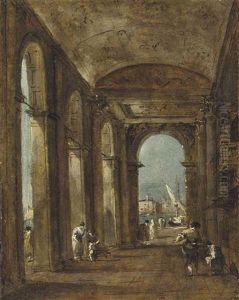 Interior Of A Colonnade, Venice, With Figures Conversing And Boats On The Canal Beyond