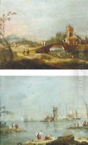 A Landscape With Figures Crossing A Bridge, A Tower Beyond by Giacomo Guardi