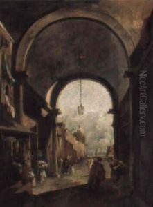 A Venetian Alley With Peasants Conversing With Shopkeepers In An Archway