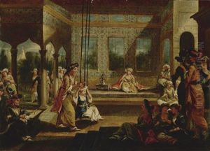 A Harem Scene With Soldiers Smoking And Odalisques Relaxing And Playing On A Swing In An Interior Courtyard