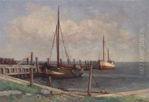 Uferstuck Mit Steg Und Booten An Einem Sonnigen Morgen. Rs. Etikett Grose Deutsche Kunstausstellung, Haus Der Kunst by Rudolf Anton Guba