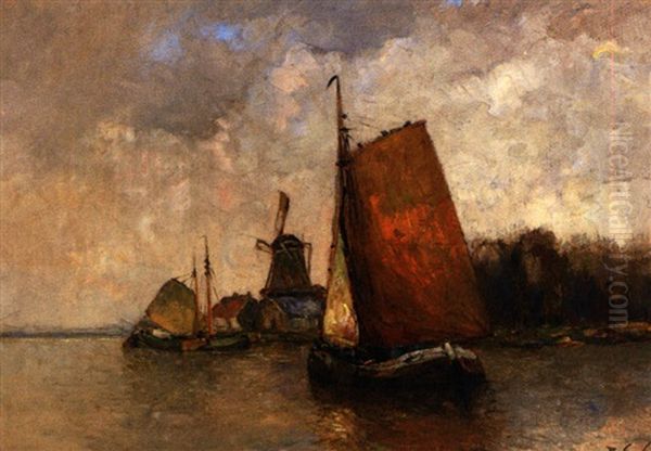 Uferstuck Mit Segelbooten Und Windmuhle - view 1