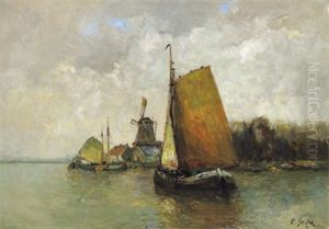 Fischerboot Vor Hollandischer Uferlandschaft by Rudolf Anton Guba