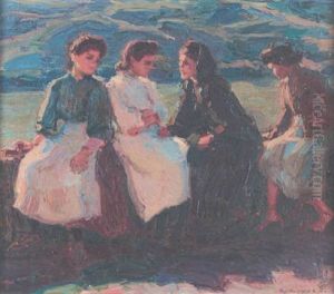 Vier Madchen Auf Einer Kaimauer In Abendsonne by Rudolf Gudden