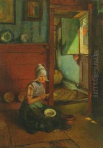 A Girl Peeling Potatoes In A Kitchen, Volendam by Rudolf Gudden