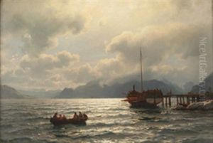 Forankret Bat Ved Brygge I Sandviksfjorden by Hans Frederick Gude