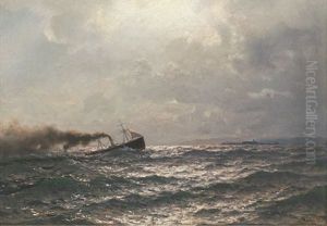 Dampskip I Havsnod - Moonlight Near Copenhagen by Hans Frederick Gude