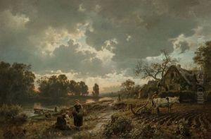 German Landscape In Spring, With Oxen Ploughing 1860 by Hans Frederick Gude