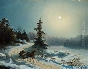 Maneskinnslandskap Med Slede by Hans Frederick Gude