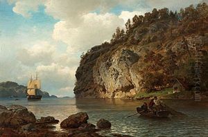 Fjordlandskap Med Fartyg Och Fiskare by Hans Frederick Gude