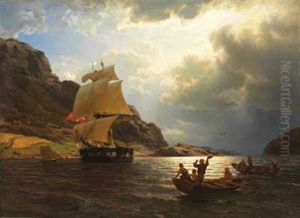 Hjemvendende Hvalfangerskip I En Norsk Havn by Hans Frederick Gude