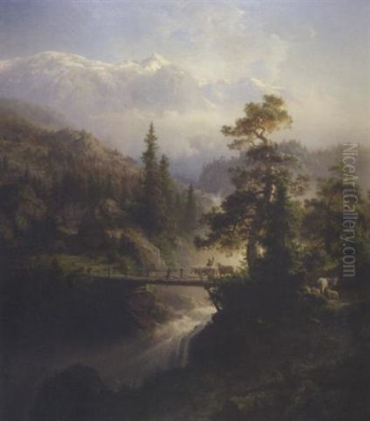 Landskap Med Buskap Og Foss - view 1