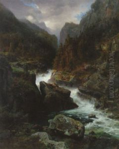 Bergslandskap Med Lekande Bjornfamilj by Hans Frederick Gude