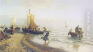 Fiskere Pa Rugen Som Bringer Fangsten I Land by Hans Frederick Gude
