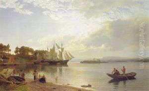 Ships Off A Wooded Coast by Hans Frederick Gude