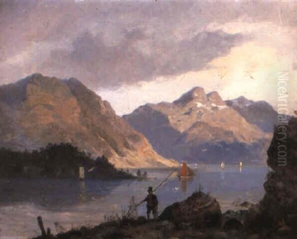 Fjordlandskap Med Batar Och Figurer - view 1