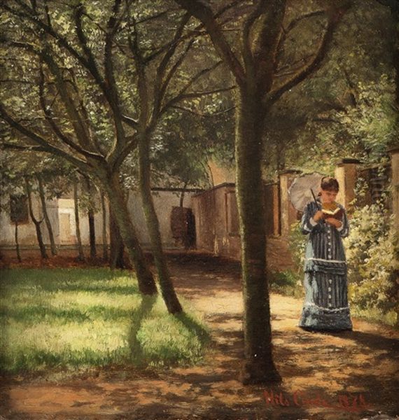 Garden Interior With Strolling Woman Reading - view 1