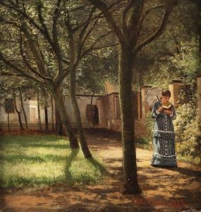 Garden Interior With Strolling Woman Reading by Nils Gude