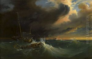 Fischerboote Auf Sturmischer See Bei Sonnenuntergang by Theodore Gudin