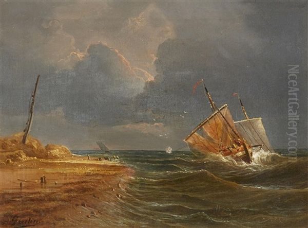 Coastal Landscape With Sailing Boats On Choppy Seas - view 1