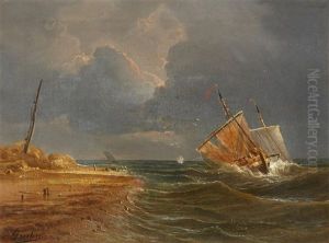 Coastal Landscape With Sailing Boats On Choppy Seas by Theodore Gudin