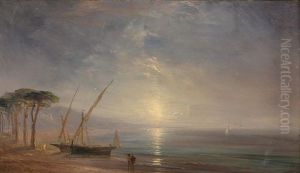 Pecheurs Regardant Le Coucher De Soleil Pres De Leurs Bateaux by Theodore Gudin
