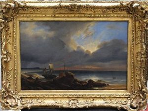 A Stranded Ship With Peasants And A Boat On A Long Beach At Sunset