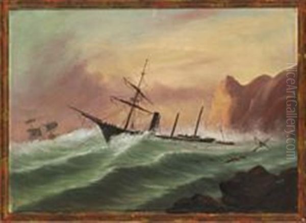 Ships Off A Rocky Coast - view 1
