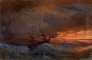 Ship In A Stormy Sea, At Sunset by Theodore Gudin
