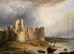 Barques De Peche Pres D'un Chateau En Ruine by Theodore Gudin