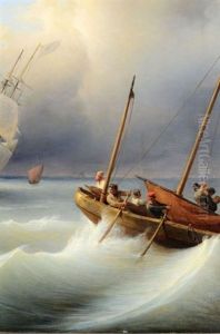 Navires Sur Une Mer Agitee by Theodore Gudin