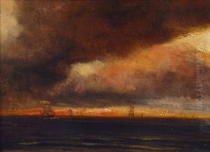 Sailing Ships Below A Glowing Sky by Theodore Gudin