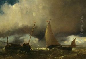 Vor Dem Gewitter. Fischer Beim Einholen Der Netze Auf Hoher See
