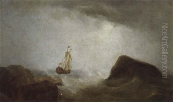 Sturmische Felsenkuste Mit Auslaufendem Schiff - view 1