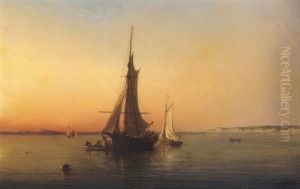 A Coaster Unloading At Dusk Off The Brittany Coast by Theodore Gudin