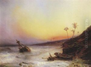 A Tropical Coastal Landscape With A Wrecked Sailing-vessel  In The Breakers, At Sunset