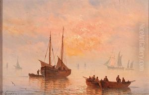 Sailing Ships In The Evening Light by Henriette Gudin