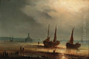 Coastal Scene In The Moonlight by Henriette Gudin